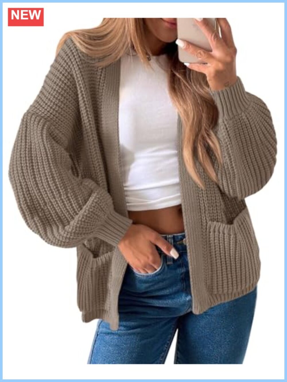Womens Oversized Ribbed Chunky Knit Cardigan Long Lantern Sleeve Open Front